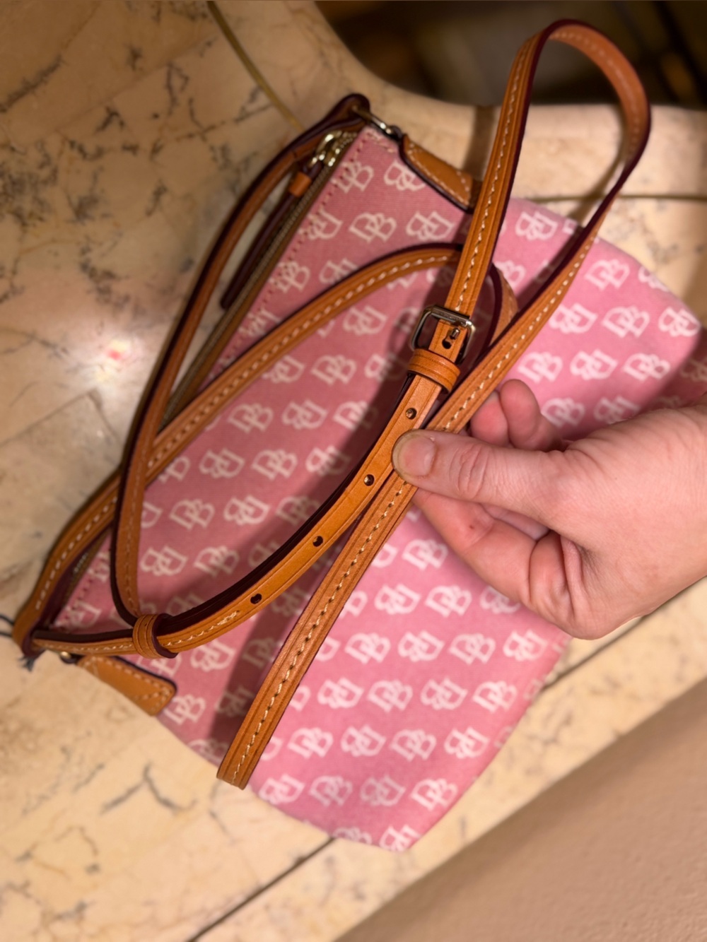Pink Dooney & Bourke Crossbody Bag with Tan Leather Trim - Picture 3 of 10